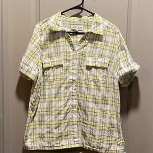 Liberty Lane Plaid Cotton Shirt Yellow Blue Coastal Casual Button Down 1X